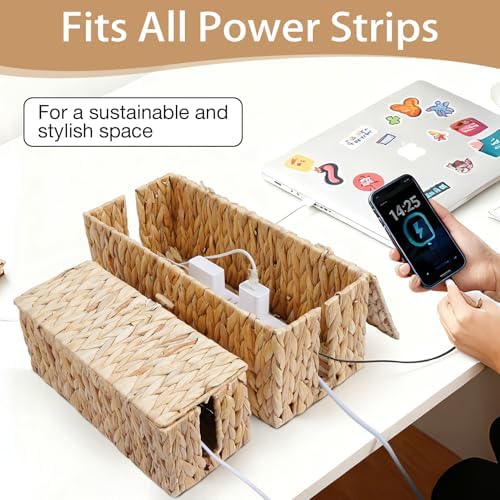 Cable Management Box with Lids-Handwoven Rattan Cord Organizer with Open Slots,Desk Organizer Box to Hide Power Strips&Cords,Office Desk Accessories Storage Basket,2 Pack - Image 7