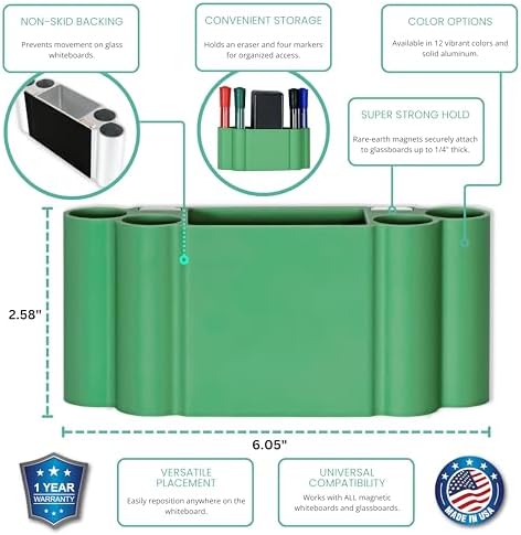 Glassboard Studio Magnetic Dry Erase Marker Holder - Super Strong for Magnetic Glass Whiteboard or Fridge - 2 Large Neodymium Magnets - No Slip Grip - Eco-Friendly PLA Plastic (Spring Green) - Image 2