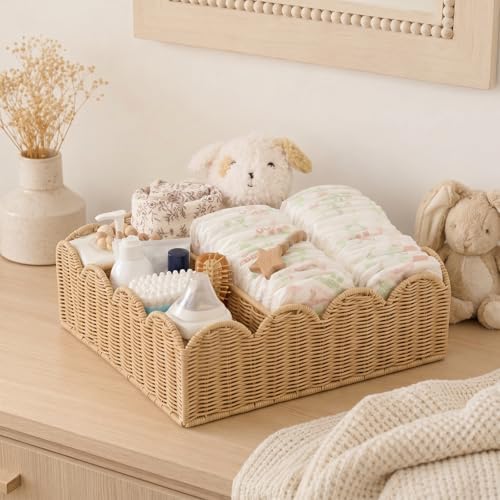 Wicker Diaper Caddy Organizer, Nursery Storage Basket for Diapers and Baby Wipes, Baby Essentials Organizer for Changing Table, Splinter Free Rattan Style (Natural, XL) by Klippehop
