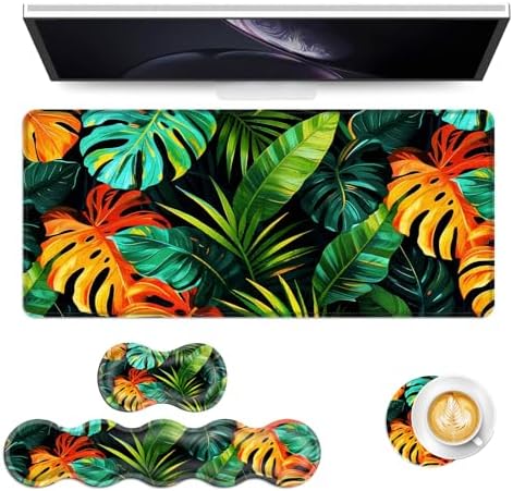 Keyboard Mouse Pad Set, Extended Gaming Mouse Pad+Ergonomics Keyboard Wrist Rest Support, Memory Foam, Easy Typing Pain Relief, 4Pcs XL Ultra Thick Desk Mat,Tropical Leaves by Vobber