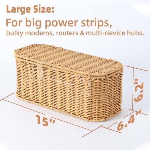 Large Cable Management Box with Lid, Wicker Basket Hides Power Strips, TV Boxes & Routers - Image 2