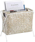 BTSKY Handwoven Magazine Holder, Natural Seagrass Magazine Basket with Metal Rack, Mail Holder Floor Organizer for Office, Living Room, Dorm, Bathroom, Woven Rattan File Basket with Handle (White) by BTSKY