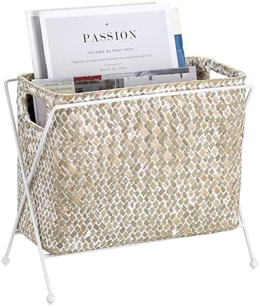 BTSKY Handwoven Magazine Holder, Natural Seagrass Magazine Basket with Metal Rack, Mail Holder Floor Organizer for Office, Living Room, Dorm, Bathroom, Woven Rattan File Basket with Handle (White) by BTSKY