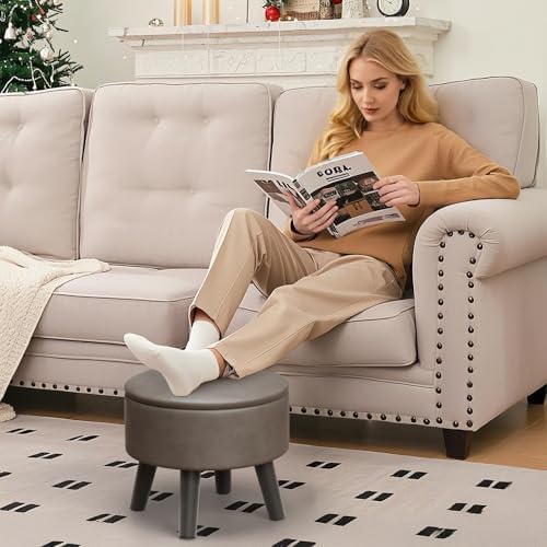Small Foot Stool Ottoman with Storage, Faux Leather Ottoman Foot Rest for Couch, Round Footstool Ottomans for Living Room (Gray) - Image 4