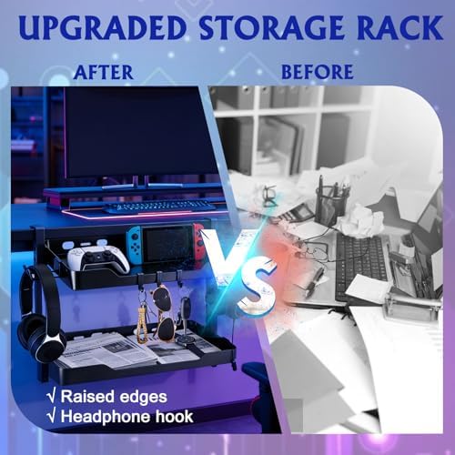 2-Tier Clamp on Desk Shelf, Dual-purpose Desk Organizer (Used on or Under Desk Storage), Desk Shelf Clamp with Hooks and High Load-bearing capacity, Suitable for Office Desk, Gaming Accessories - Image 5