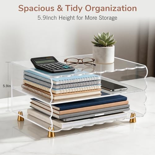 2+1 Tier Paper Letter Tray,Acrylic Desk Organizer with Scalloped Edge& Gold Metal Feet,Top Display Design,Space Saving Clear Organizer for Women, A4 File, Letter, Books,Notes,Home & Office - Image 4