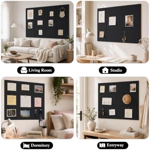 48" x 36" Decorative Bulletin Boards, Large Cork Board Alternative | 50 Pushpins, 60 Adhesive Tabs, Solid-Tile 12-Pack Felt Wall Tiles, Cork Boards for Office Push Pin Board Felt Board, Black - Image 5
