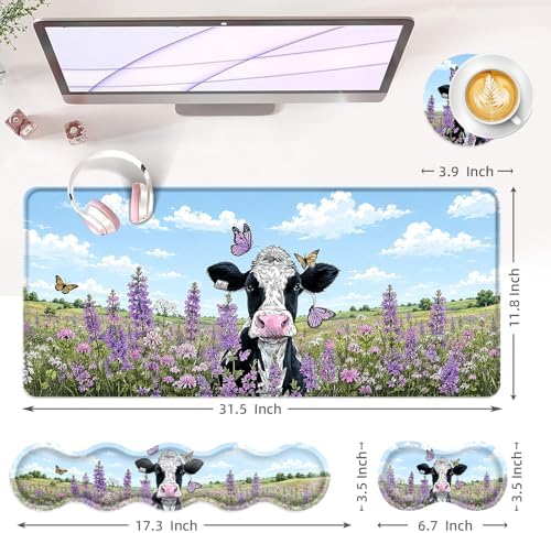 Large Keyboard Mouse Pad Set, Extended Mouse Pad+Keyboard Wrist Rest Support, Memory Foam Ergonomic Easy Typing, 4Pcs (31.5×11.8 in) Desk Pad Set for Office Home,Butterfly Cow in Flower Field - Image 6