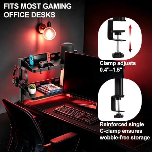 Clamp On Desk Shelf Organizer, 2-Tier Storage with Hooks - Image 3