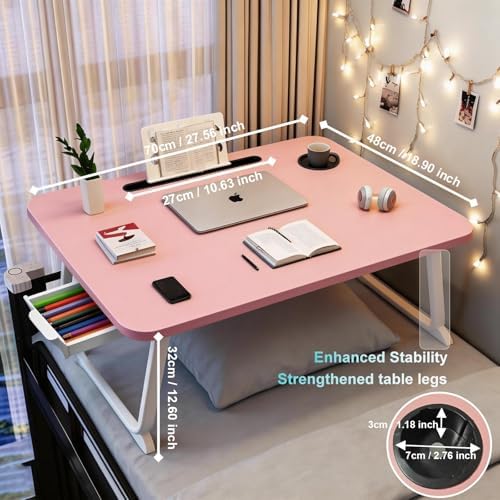 27.6" Home Office Folding Lap Desk with Drawer, Tablet Slot, Cup Holder - Fits up to 18 Inch Laptops, Bed Desk for Reading, Writing, Eating, Portable Laptop Table for Sofa, Coach, Floor (Pink) - Image 2