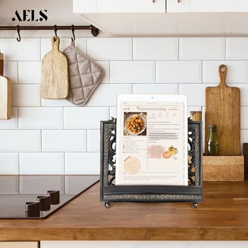 AELS Vintage Ornated Cookbook Stand for Kitchen Counter, Farmhouse Recipe Book Holder, Retro Heavy Duty Cook Book Stand, Gift Ideas, Antique Black Hollowed Decor - Image 3