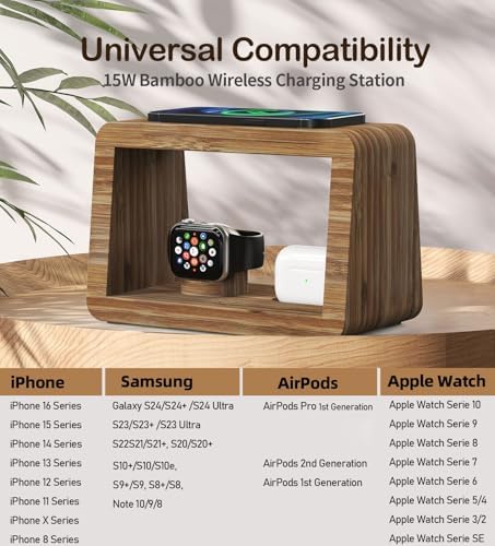 Bamboo Charging Station for Multiple Devices, 15W Fast Wireless Charger Night Light with 3 Color& 4 Adjustable Brightness, Night Stand Charger Station for iPhone/iWatch/AirPods (6953) - Image 7