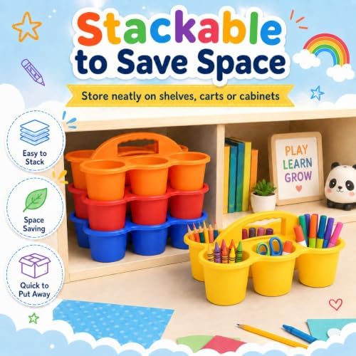NINU 6 Pack Classroom Caddy Organizer with Handle, Plastic Drink Cup Caddy Holder, 6 Compartments for Kids, Table, Office, Arts, Crafts, Crayon, Marker, Pencil, School Supplies - 6Colors - Image 4