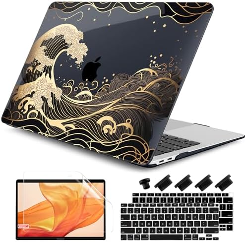 DONGKE Compatible with MacBook Air 13 inch Case 2021 2020 2019 2018 Release A2337 M1 A2179 A1932 with Retina Display Touch ID, Plastic Hard Shell & Keyboard Cover - Golden Wave by DONGKE