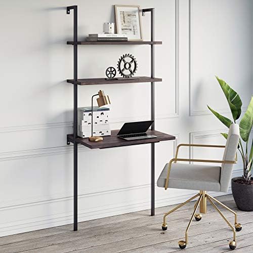 Nathan James Theo 2-Shelf Industrial Wall Mount Ladder Table, Small Computer or Writing Desk, Nutmeg/Matte Black by Unknown