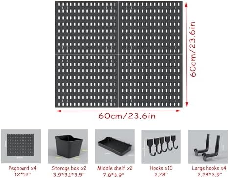12 * 12in X4PCS Pegboard Set, DIY Pegboard Combo Kit, Wall-Mounted Storage Organizer, Includes 18 Accessories, Suitable for Office, Gaming Room and Decorative Display (Black) - Image 5