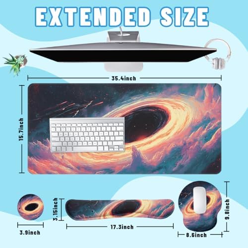 Black Hole Desk Mat Set Galaxy Space Art Large Mouse Pad with Wrist Rest 4in1 Desk Mat for Desktop Ergonomic Computer Desk Arm Wrist Anti-Slip Computer Ergonomic Mouse Pad Home Office Gaming - Image 2