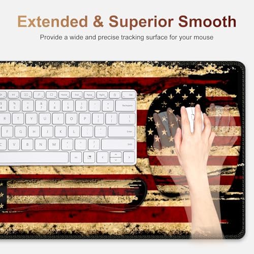 Large Mouse Pad with Wrist Support 4in1 Set, XXL Game Mousepad + Keyboard Wrist Rest+Mouse Wrist Rest+Coaster with Ergonomic Design Gaming Mat for Home Office Table Computer I Retro USA Flag - Image 3