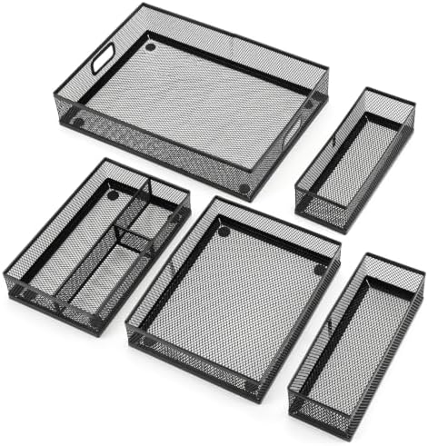 5 Pack Desk Drawer Organizer Tray Set - Stackable Metal Mesh Desk Drawer Organizers and Accessories, for Office Supplies Storage(Black) by AojSup