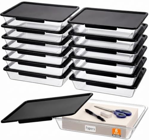 Tinlade 12 Pack Classroom Clear Paper Storage Bins with Lids, Black by Tinlade
