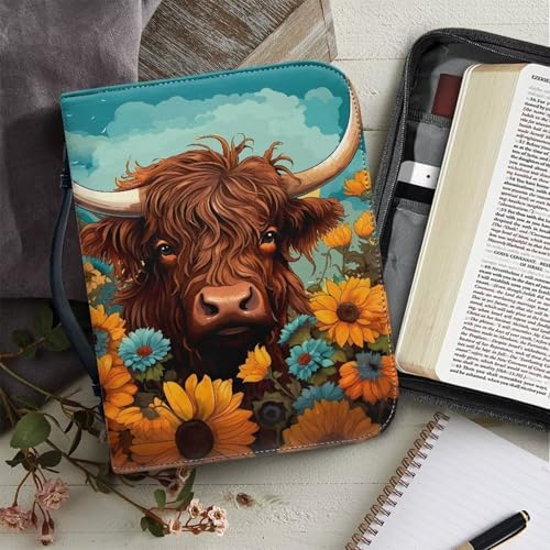 Highland Cattle Print Bible Cover Sunflowers PU Leather Bible Carrying Case for Church Zippered Book Bible Protector with Top Handle - Image 6