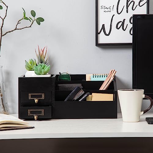 Distressed Rustic Wooden Office Desktop Organizer Wood Shelf Tabletop Home Organizer Storage with Multiple Compartments 2 Tier Drawers,perfect Jewelry storage Display Box for Desk, Vanity (Black) - Image 2