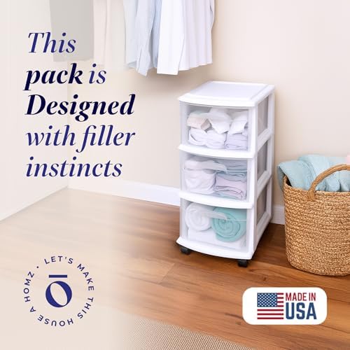 HOMZ Drawer Tower, 3-Tier Storage Cart with Removable Wheels, White Frame - Image 4
