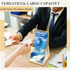 Fuyoooo 2 Pcs 4 Inches Gold Glass Brochure Holder Countertop Literature Trifold Pamphlet Stand with Business Name Card Holder Flyer Brochure Display for Magazine, Booklets, Menu, Journals Display - Image 2
