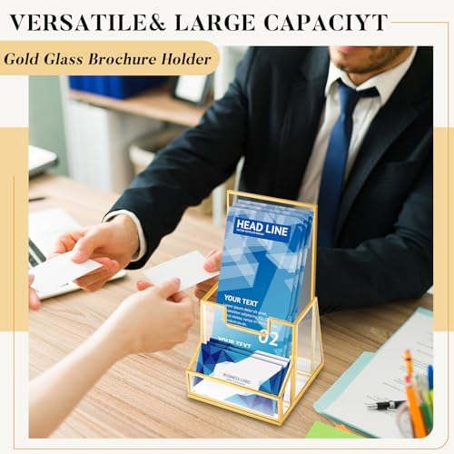 Fuyoooo 2 Pcs 4 Inches Gold Glass Brochure Holder Countertop Literature Trifold Pamphlet Stand with Business Name Card Holder Flyer Brochure Display for Magazine, Booklets, Menu, Journals Display - Image 2