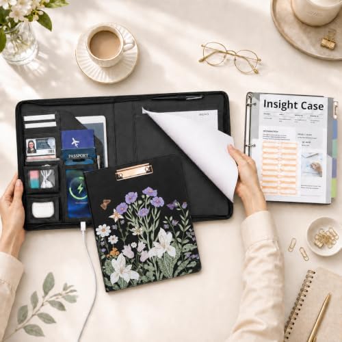 Clipboard with Storage for Men Women, Leather Padfolio Portfolio with Zipper, 1 Inch 3 Ring Binder 5 Dividers, Notepad for Letter Size, Elastic Closure and Pen Loop, Card Slot Black Flower - Image 2