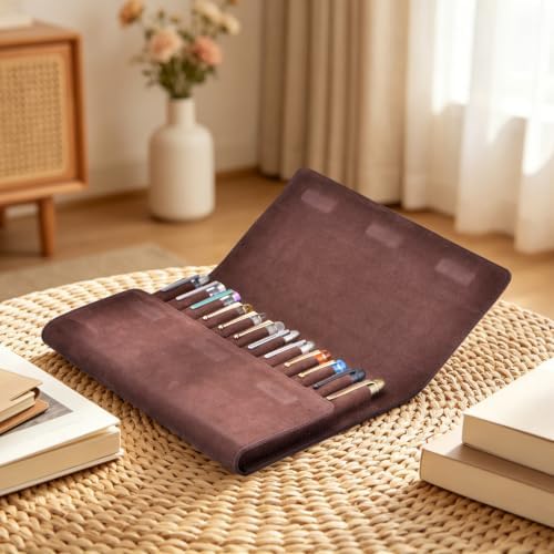 12 Suede Leather Fountain Pen Case Portfolio Divider Slot, Magnetic Closure - Image 2