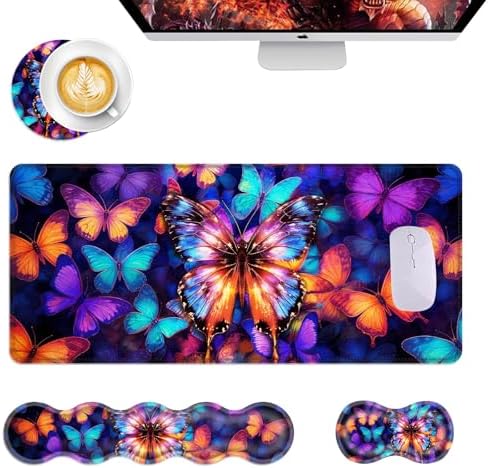 Mouse Pad,Large Desk Mat Set, 4in1 XL Mousepad + Keyboard Wrist Rest+Mouse Wrist Rest+Coaster with Ergonomic Desk Pad for Home Office Table Computer Cover -Colorful Butterfly by Unknown