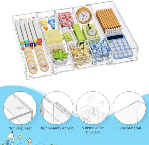 Marbrasse Acrylic Expandable Drawer Organizer, Clear Desk Drawer Organizer Tray with 5 Dividers, Desk Organizers and Accessories, 10 Adjustable Compartments for Office Supplies, Makeup & Vanity - Image 7