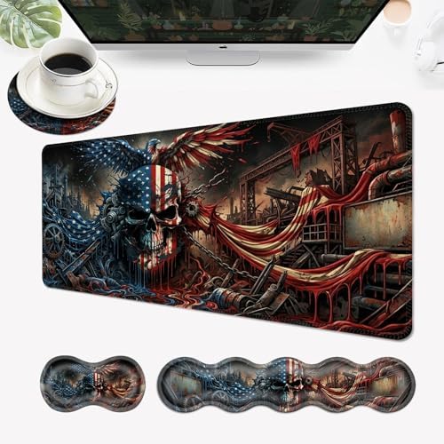 Desk Mat, Mouse Pad with Wrist Rest, 4-in-1 Large Mouse Pads for Desk, Ergonomic Mouse Pad and Keyboard Wrist Rest Gaming Keyboard Mat for Office,Skull American Flag by EFGWSDER