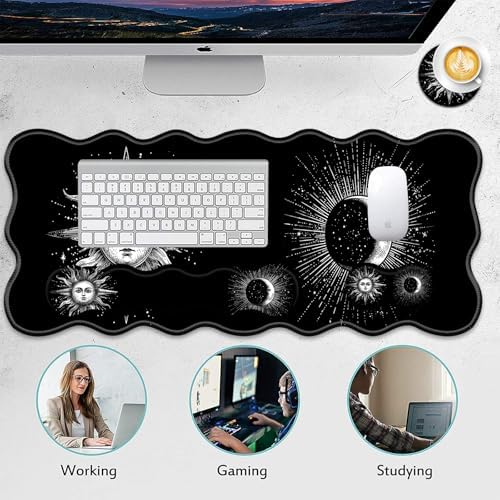 4 in 1 Desk Mat Set,Mouse Pad with Keyboard Wrist Rest,Wave-Shaped Design,Non-Slip Rubber Base,Waterproof,for Home,Office,Gaming,Sun and Moon - Image 6