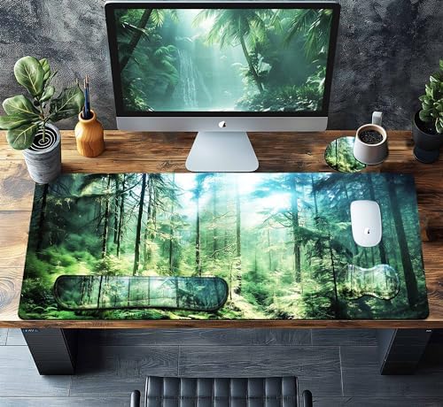 4-Piece Extended Large Mouse Pad Set for Women Men with Green Forest Design Includes 35.4 x 15.7 XXL Large Mouse Pad Keyboard Wrist Rest Mouse Wrist Support and Coaster for Office Home - Image 2