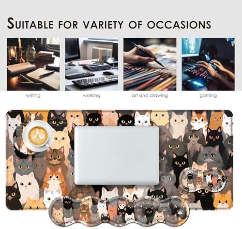 Large Keyboard Mouse Pad Set, Extended Mouse Pad+Keyboard Wrist Rest Support, Memory Foam Ergonomic Easy Typing, 4Pcs (31.5×11.8 in) Desk Pad Set for Office Home,Colorful Cats - Image 7