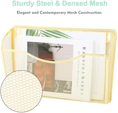 EASEPRES 3 Single Pocket Mesh Hanging File Organizer, Vertical Wall Mounted Magazine File Holder, Mount Basket Mail Paper Document Folder Organizing for Office, Home and School, Gold - Image 4