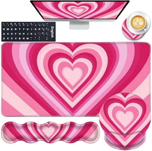 Mouse Pad,Large Pink Desk Mat, 4in1 XXL Mousepad + Keyboard Wrist Rest+Mouse Wrist Rest+Coaster Set with Ergonomic Desk Pad for Home Office Table Computer-Heart Pink by CICPLKSE