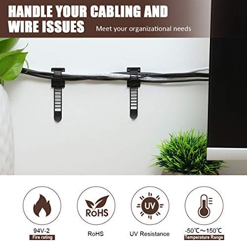 100Pcs Adhesive Cable Management Clips with 50Pcs Zip Ties, Adjustable Nylon Cable Strap Ties Wire Clips Clamps Organizer with Strong Adhesive Tape, Extra Screw & Hole - 3.55 Inch Black - Image 2