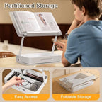 Book Holders for Reading, 360°Rotating Acrylic Book Stand with Storage Pen Slot, Foldable Desktop Riser Laptop Stand, Adjustable Book Reading Stand with Page Clips for Desk, Recipe, Cookbook Stand - Image 4