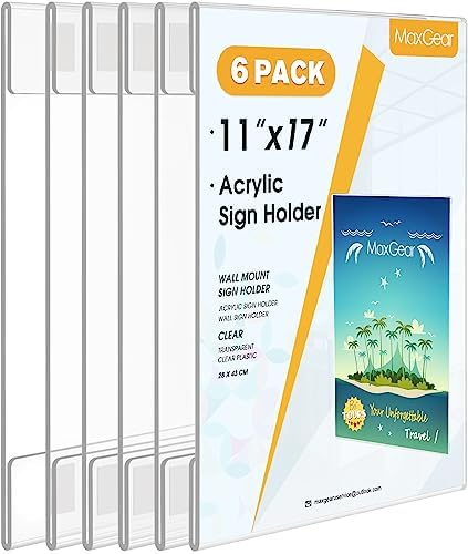 MaxGear Acrylic Sign Holder 11 x 17 Wall Mount with Tape, 6 Pack, Vertical by MaxGear