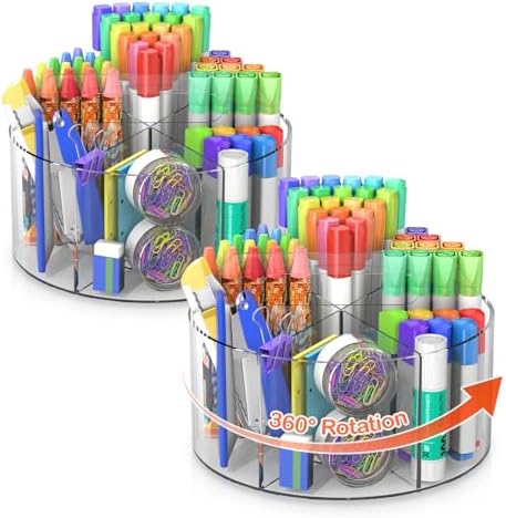 Mefirt Acrylic Pen Holder, 2 Pack 360 Rotating Organizer With 6 Compartments, Desk Office Storage for 800 Pens, Markers, Crayons and Art Supplies by Mefirt