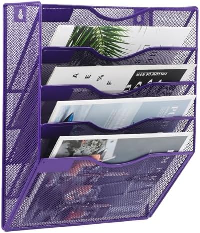EASEPRES 5 Pocket Mesh Hanging Wall File Organizer, Wall Mounted Mail Paper Document Folder Holder, Clipboard Storage Organization Magazine Rack with Nametag Label for Office Home School, Purple by EASEPRES