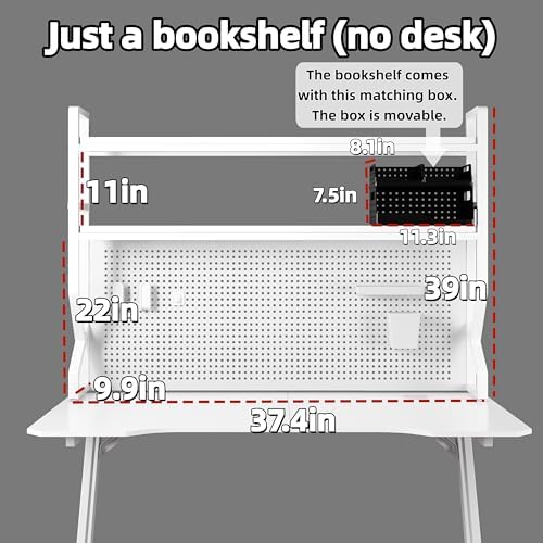 Desktop Hutch Bookshelf,Many Gifts,Metal Desktop Bookcase with pegboard, Desk Shelf, Countertop Storage Organizer Rack for Dorm or Office,Desktop Shelves (White, 37.4" Lx9.9 Wx39 H) - Image 2