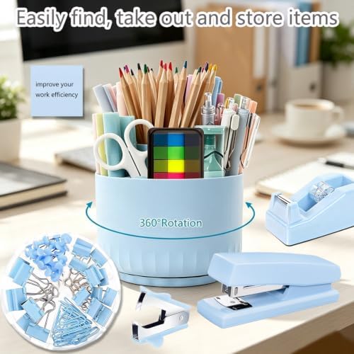 Office Supplies,Blue Desk Accessories,Desk Organizer,Phone Stand,Scissors,Stapler,Tape Dispenser,Binder Clips,Staples,Staple Remover,Sticky Notes,Index Tabs,Clear Tape,Mini Box Cutter,Cool Pen.16pcs - Image 4