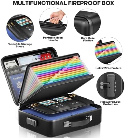 Fireproof Document Box, Hard Case Highly Flame-Resistant Fire Proof Waterproof File Organizer with Lock, Portable Fire Safe for Important Documents & Valuables Storage (Black, ‎15"*11"*5") - Image 5