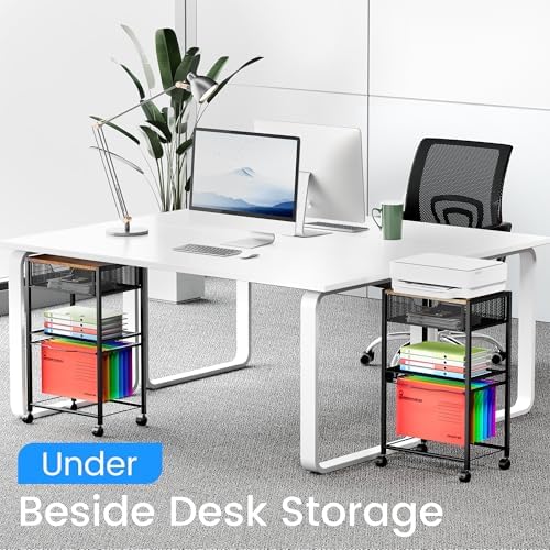 Cawukege 3 Tier Printer Stand, Small Mobile Table with Wheels, Printer Shelf Rolling Cart with Storage Desk Organizer Hanging File for Office Home, Brown - Image 5
