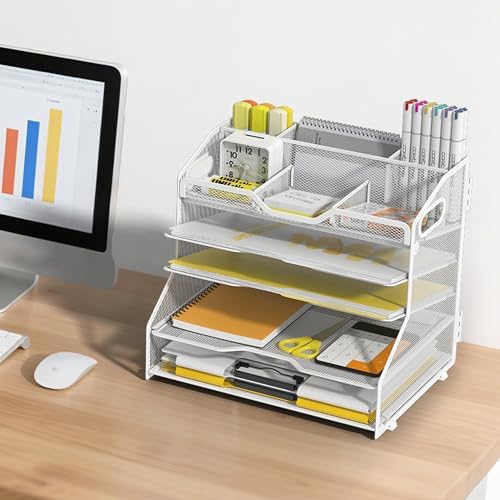 YINGHUA 5-Tier Mesh Desk Organizer, Letter Tray - White - Image 6