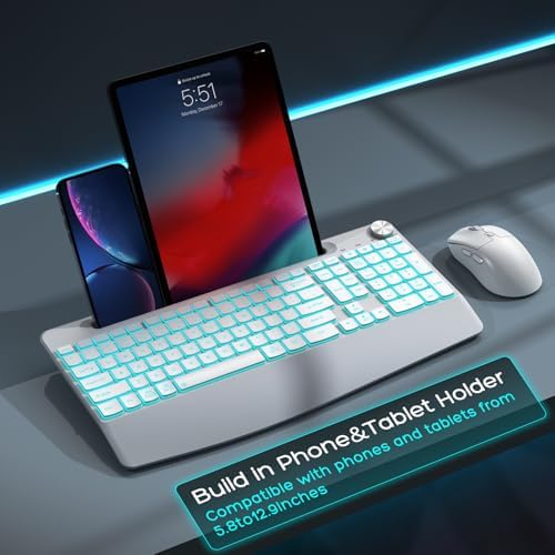 GAMCATZ Wireless Keyboard and Mouse Backlits - Full-Sized Ergonomic Lighted Keyboard with Wrist Rest, Phone Holder,2.4GHz Rechargeable Silent Keyboard Mouse Combo for Computer, Laptop, PC, Mac -White - Image 6